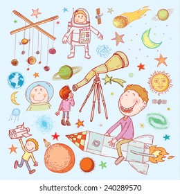 Space boy set, hand drawn vector illustration.