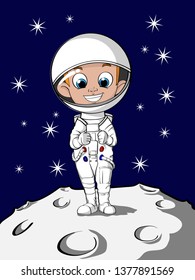 Space boy stands on the moon and blue space