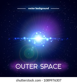 Space bright blue flash light. Futuristic vector background with lens flares beams, sparkles and title "Outer Space"