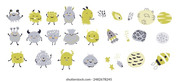 Space bundle. Cosmic objects and childrens animal characters. Galaxy elements collection. Cute stellar stickers set. Monsters or aliens big collection.