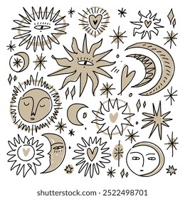 Space bundle of stylish freaky cool funny doodle stellar characters. Moons, suns and planets. Vintage astrology and astronomy concept. Hand-drawn set antique poster or pint clipart collection.