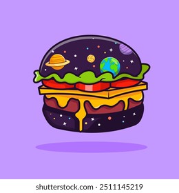 Ilustração do ícone do vetor de desenhos animados flutuante do hambúrguer de espaço. Vetor Premium Isolado do Conceito de Ícone de Objeto de Alimento. Estilo de Desenho Animado Plano