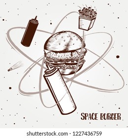 Space burger in the form of a planet with orbits for the movement of mustard, ketchup and french fries drawn by hand.