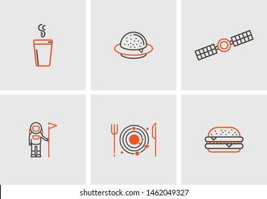 Space burger UFO icon set. Logotype for restaurant or cafe or fast food. drink, food, alien, onion rings, beer, burger, ufo, fried potatoes, plate, astronaut.