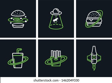 Space burger UFO icon set. Logotype for restaurant or cafe or fast food. drink, food, alien, onion rings, beer, burger, ufo, fried potatoes, plate, astronaut.