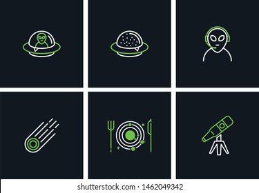 Space burger UFO icon set. Logotype for restaurant or cafe or fast food. drink, food, alien, onion rings, beer, burger, ufo, fried potatoes, plate, astronaut.