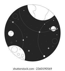 Space bw Konzept Vektorgrafik-Spot-Illustration. Universe mit Planeten und Sternen 2D Cartoon flache Linie monochromatische Objekt für Web UI Design. Bearbeitbares Einzelbild-Heldenbild