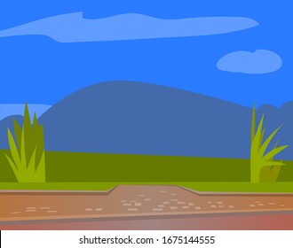 Space for cafe or restaurant with green grass on terrace and shadow of building or plant. Exterior view for business architecture in city. Place for dining construction with asphalt road vector