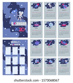 Space calendar 2020. Little mouse astronaut. Symbol of the year. WEEKLY PLANNER. The week starts on Sunday. Set 12 months to make a list, notes. Vector illustration.