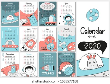 Space Calendar 2020. Yearly Planner Calender with all Months. Template with cute cartoon cosmos characters. Vector illustration. For kids, nursery, printable. Spaceman, alien, rockets, planets, UFO.