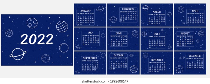 Space calendar 2022. Vector illustration of monthly calendar in cartoon style.
