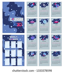 Space. Calendar planner for 2020. WEEKLY PLANNER. The week starts on Sunday. Set 12 months to make a list, notes.