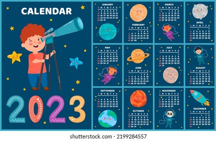 Space calendar planner 2023. Weekly scheduling, planets, space objects. Week starts on Sunday