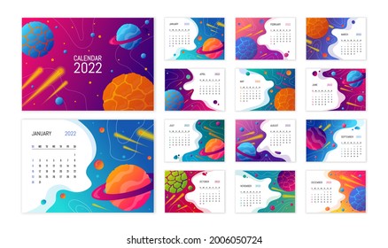 Space calendar template. Space background with planets and stars in cartoon style. Astronomy and cosmos exploration calendar concept
