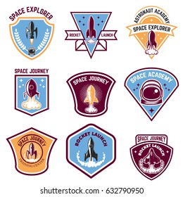 Space camp emblems. Rocket launch, astronaut academy. Design elements for logo, label, emblem, sign. Vector illustration.