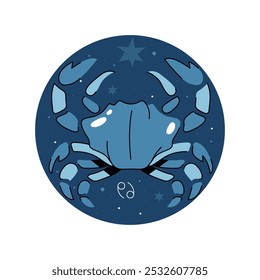 Space cancer astrology sign. Vector horoscope logo. Celestial zodiac calendar poster. Mystery and esoteric or tarot card with crab. Mythology and magic constellation. Crustacean print. Astronomy.