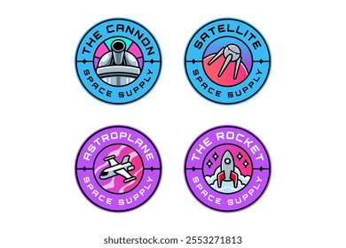 space cannon, satellite, spaceship, rocket launch colorful modern illustration badge logo design set for astronautic, science, galaxy, space, adventure, kids merchandise