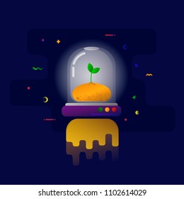 space capsule with potted plant flying in space flat style vector illustration