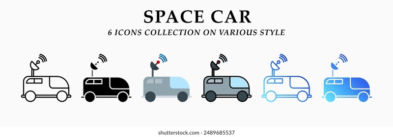 Space car icons collection. 6 Various styles. Lineal, solid Black, flat, lineal color and gradient. For sign, symbol, presentation, infographic or web graphics. Vector Illustration.