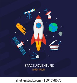 Space card. Astronomy round concept with rocket, the Earth, comet, satellite, radar, telescope, etc. Text Space adventure. Flat vector illustration.