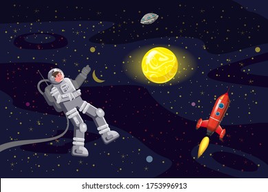 Space card background with spaceman, rocket, UFO, sun, stars. Austronaut panoramic space template. Banner, vector, isolated cartoon flat style
