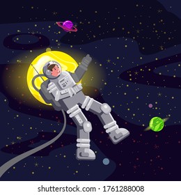 Space card background with spaceman, rocket, UFO, sun, stars. Austronaut panoramic space template. Banner, vector, isolated cartoon flat style