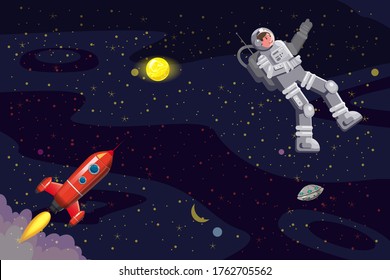 Space card background with spaceman, rocket, UFO, sun, stars. Austronaut panoramic space template. Banner, vector, isolated cartoon flat style
