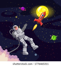 Space card background with spaceman, rocket, UFO, sun, stars. Austronaut panoramic space template. Banner, vector, isolated cartoon flat style