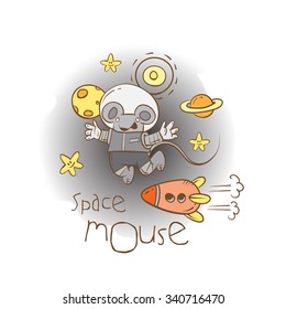 Space card with cartoon little mouse  astronaut, rocket, planets and stars. Vector image.