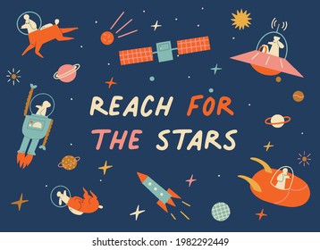 Space card or poster with inspirational text quote Reach for the stars in vector.