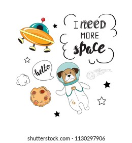 Space card with space stickers funny dog on a white background