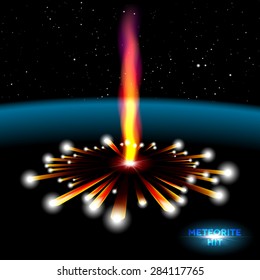 Space card with vertical meteorite hit and explosion