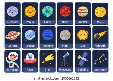 Space cards for kids. Educational flashcards with planets and other cosmic elements. Preschool activity. Vector illustration