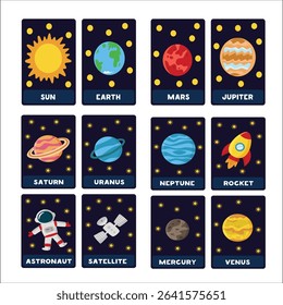 Space cards for kids. Educational flashcards with planets and other cosmic elements. Preschool activity. Vector illustration. 104