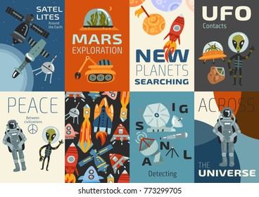 Space cards set of searching new planets signal detecting peace between civilization   flat vector illustration 