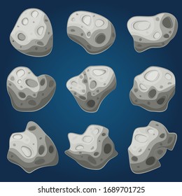 Space Cartoon Asteroids And Meteorites. Different Forms And Sizes. Vector Set.