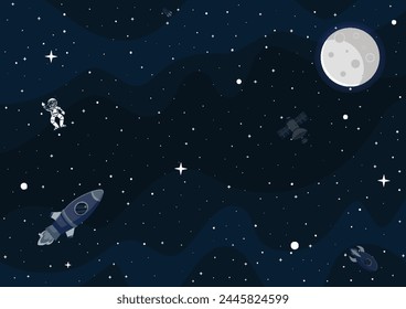 Space cartoon background. Cute design for landing page, banner or wallpaper. Planets and stars in the open space. Childish galaxy scene. Space cartoon vector illustration.