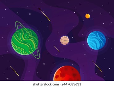 Space Cartoon Hintergrund. Nettes Design für Landing Page, Banner oder Bildschirmhintergrund. Planeten und Sterne im offenen Raum. In: Childish Galaxy Scene. In: Space Cartoon Vektorillustration.