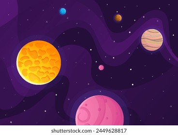 Space cartoon background. Cute design for landing page, banner or wallpaper. Planets and stars in the open space. Childish galaxy scene. Space cartoon vector illustration.