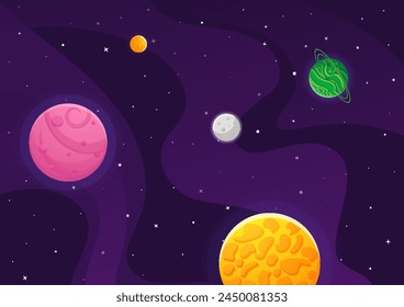 Space cartoon background. Cute design for landing page, banner or wallpaper. Planets and stars in the open space. Childish galaxy scene. Space cartoon vector illustration.