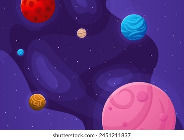 Space cartoon background. Cute design for landing page, banner or wallpaper. Planets and stars in the open space. Childish galaxy scene. Space cartoon vector illustration.