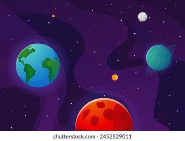 Space cartoon background. Cute design for landing page, banner or wallpaper. Planets and stars in the open space. Childish galaxy scene. Space cartoon vector illustration.