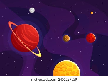 Space cartoon background. Cute design for landing page, banner or wallpaper. Planets and stars in the open space. Childish galaxy scene. Space cartoon vector illustration.