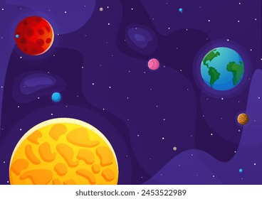 Space cartoon background. Cute design for landing page, banner or wallpaper. Planets and stars in the open space. Childish galaxy scene. Space cartoon vector illustration.