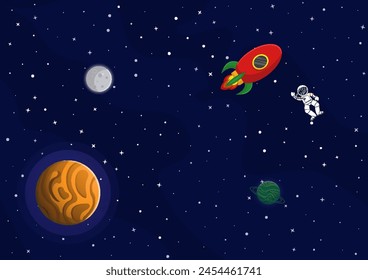 Space cartoon background. Cute design for landing page, banner or wallpaper. Planets and stars in the open space. Childish galaxy scene. Space cartoon vector illustration.