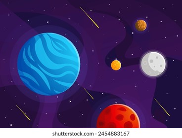 Space cartoon background. Cute design for landing page, banner or wallpaper. Planets and stars in the open space. Childish galaxy scene. Space cartoon vector illustration.