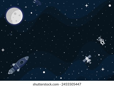 Space Cartoon Hintergrund. Nettes Design für Landing Page, Banner oder Bildschirmhintergrund. Planeten und Sterne im offenen Raum. In: Childish Galaxy Scene. In: Space Cartoon Vektorillustration.