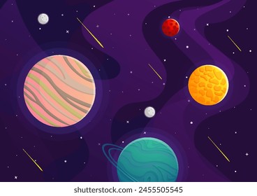 Space cartoon background. Cute design for landing page, banner or wallpaper. Planets and stars in the open space. Childish galaxy scene. Space cartoon vector illustration.