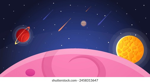 Space cartoon background. Cute design for landing page, banner or wallpaper. Planets and stars in the open space. Childish galaxy scene. Space cartoon vector illustration.