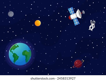Space cartoon background. Cute design for landing page, banner or wallpaper. Planets and stars in the open space. Childish galaxy scene. Space cartoon vector illustration.